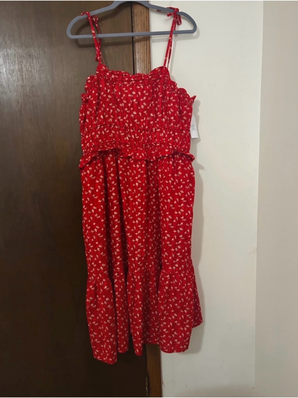 Time and Tru Red Floral Midi Dress with Tie Straps